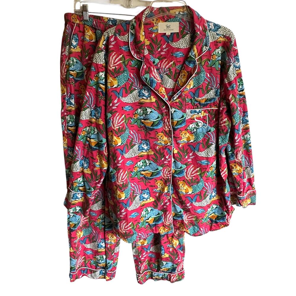 Print Fresh Pajama Set Womens Large Tall Meowing Mermaids Long PJs *SJ Monogram